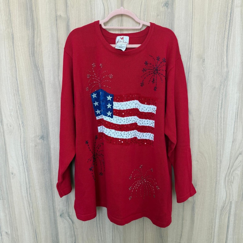 Vintage Quacker Factory Womens American Flag Sweater 2X Red Patriotic Beaded